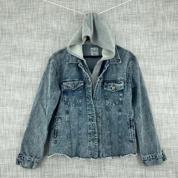 Love Tree Women's Size Small Hooded jean jacket raw hem zip button 0204 - Picture 1 of 11